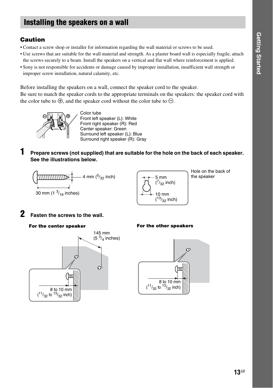 Installing the speakers on a wall, Ge tting star te d caution | Sony DAV-DZ280 User Manual | Page 13 / 104