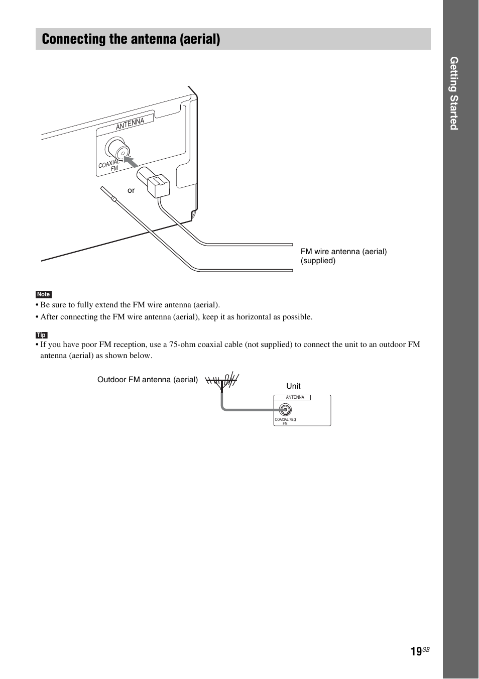 Connecting the antenna (aerial), Ge tting star te d | Sony DAV-DZ280 User Manual | Page 19 / 104