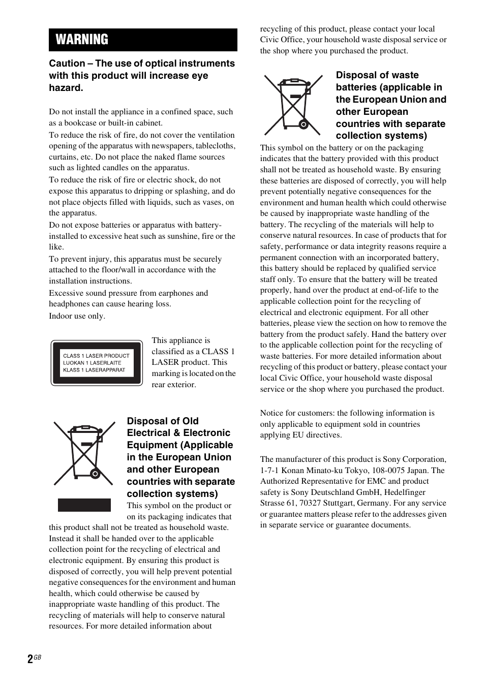 Warning | Sony DAV-DZ280 User Manual | Page 2 / 104