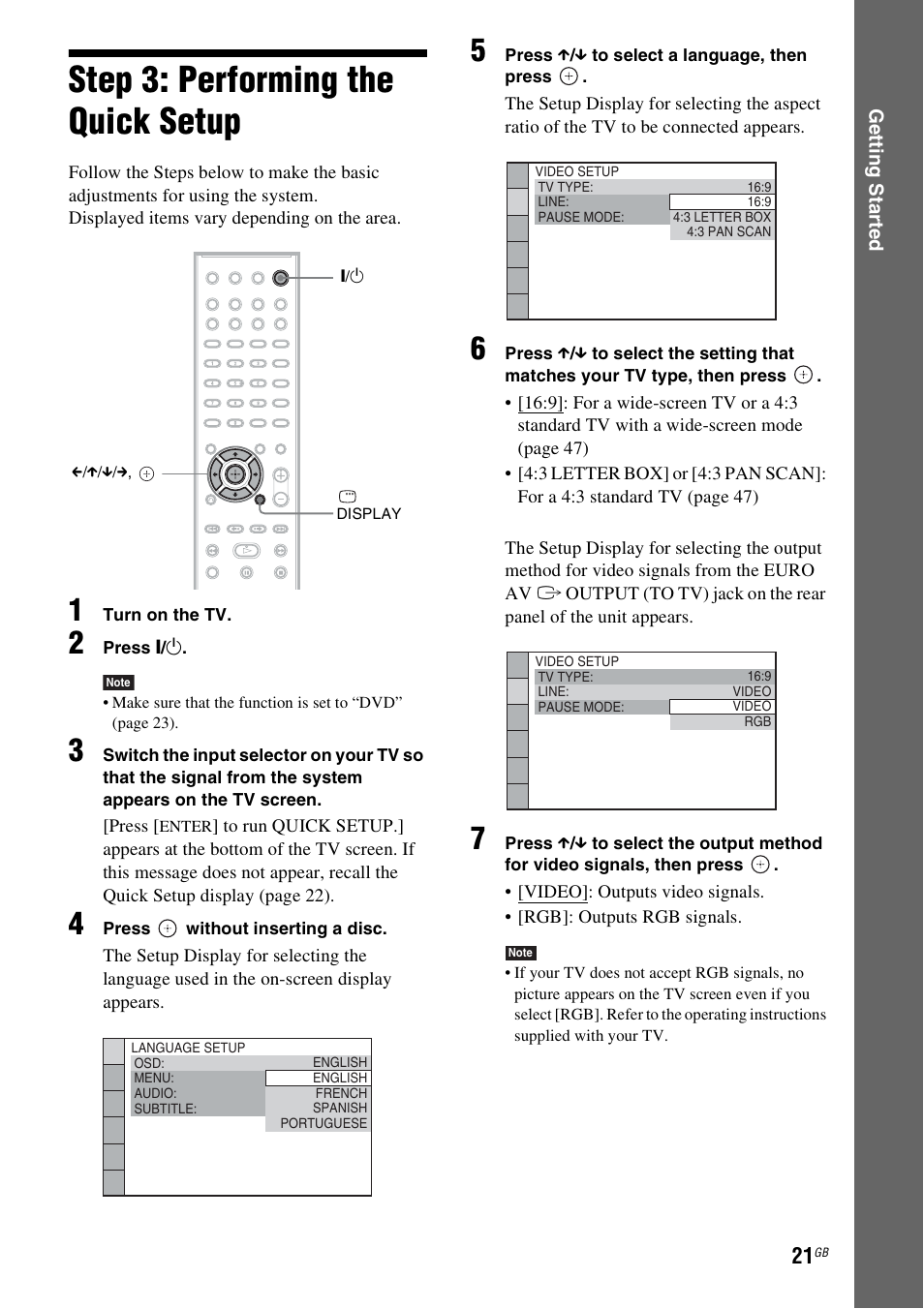 Step 3: performing the quick setup, Step 3: performing the quick, Setup | Sony DAV-DZ280 User Manual | Page 21 / 104