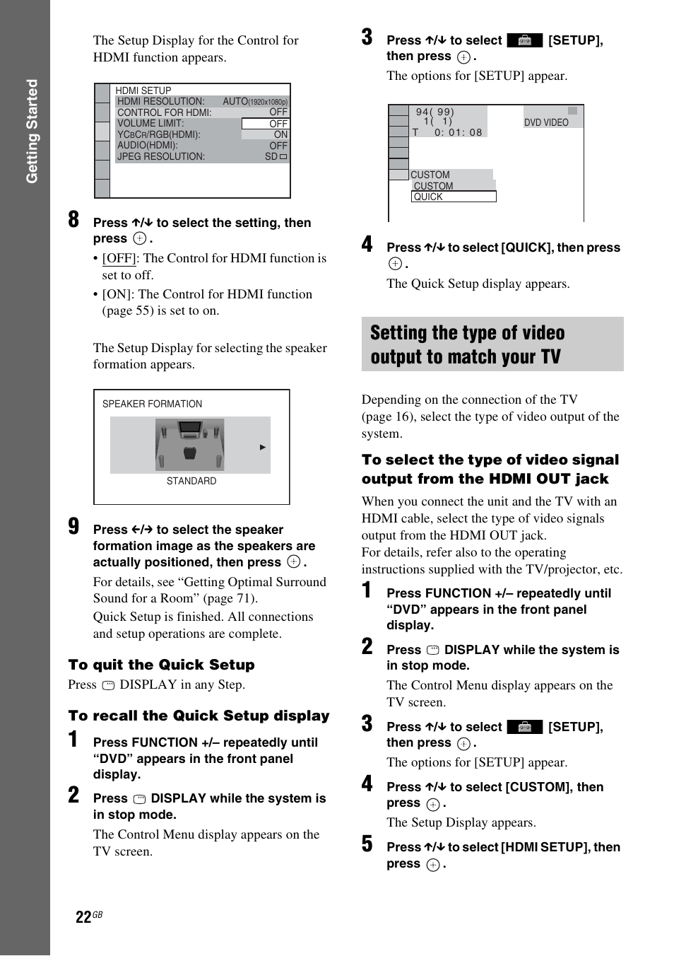Setting the type of video output to match your tv | Sony DAV-DZ280 User Manual | Page 22 / 104
