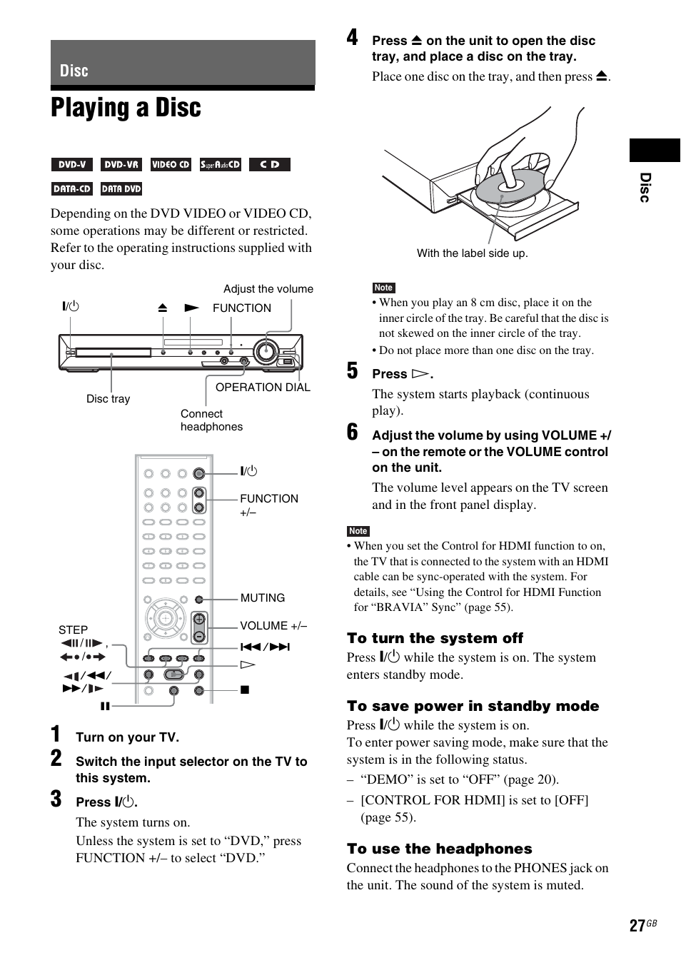 Disc, Playing a disc | Sony DAV-DZ280 User Manual | Page 27 / 104