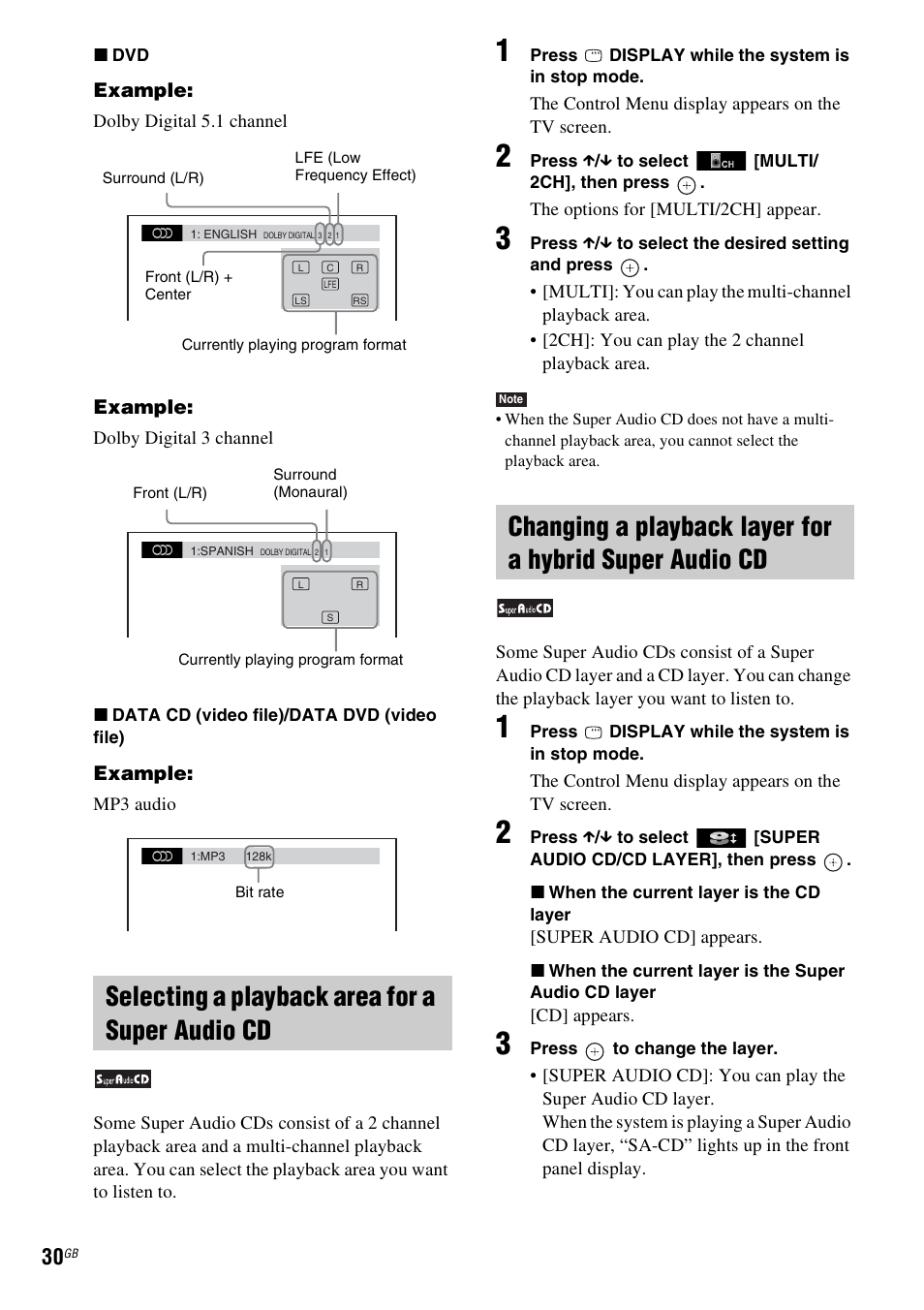 Selecting a playback area for a super audio cd | Sony DAV-DZ280 User Manual | Page 30 / 104