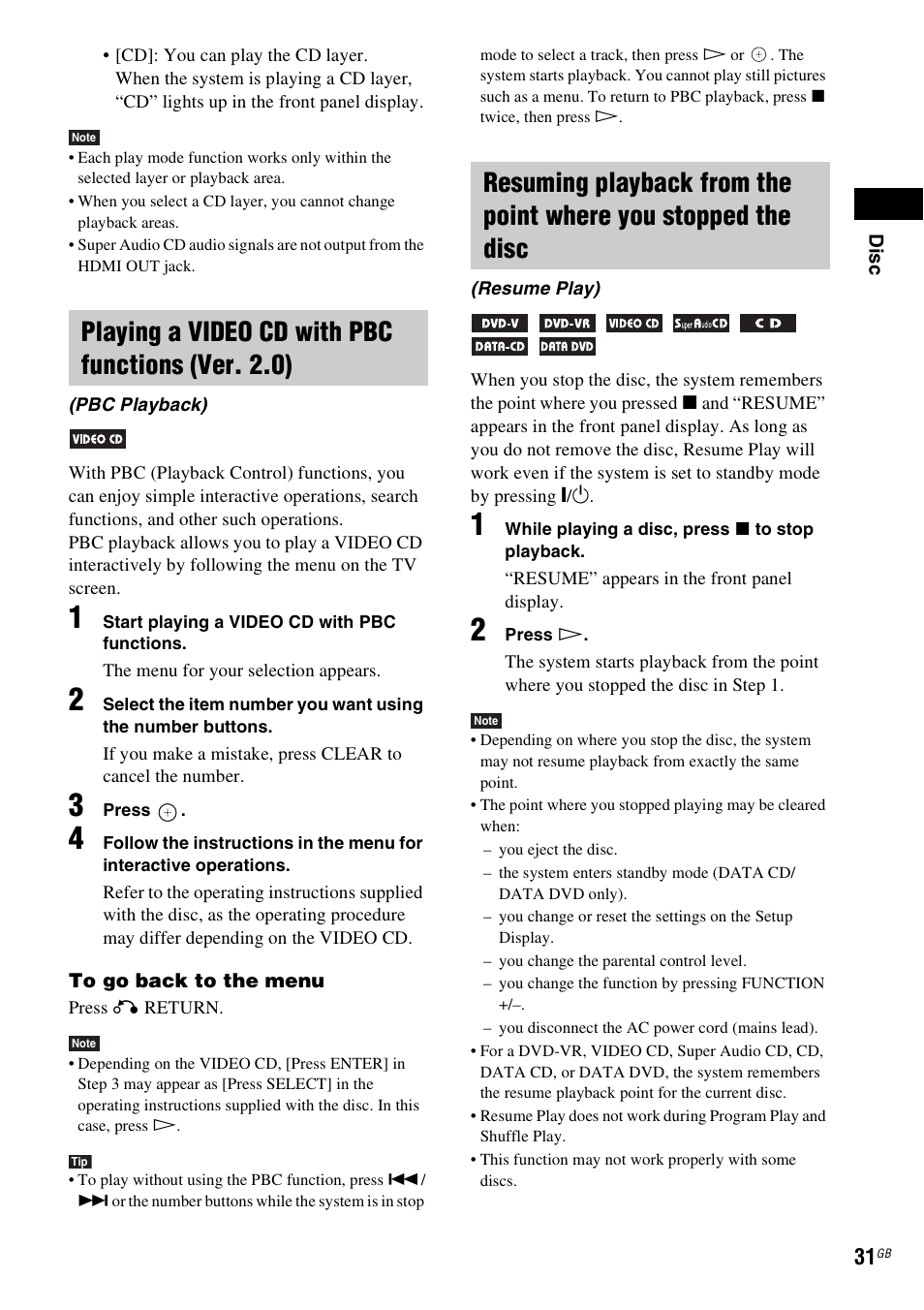 Playing a video cd with pbc functions (ver. 2.0) | Sony DAV-DZ280 User Manual | Page 31 / 104