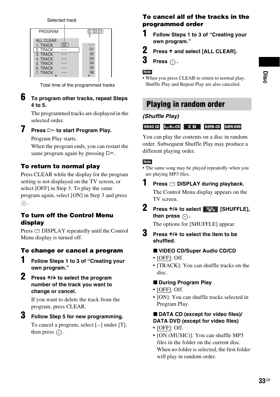 Playing in random order | Sony DAV-DZ280 User Manual | Page 33 / 104