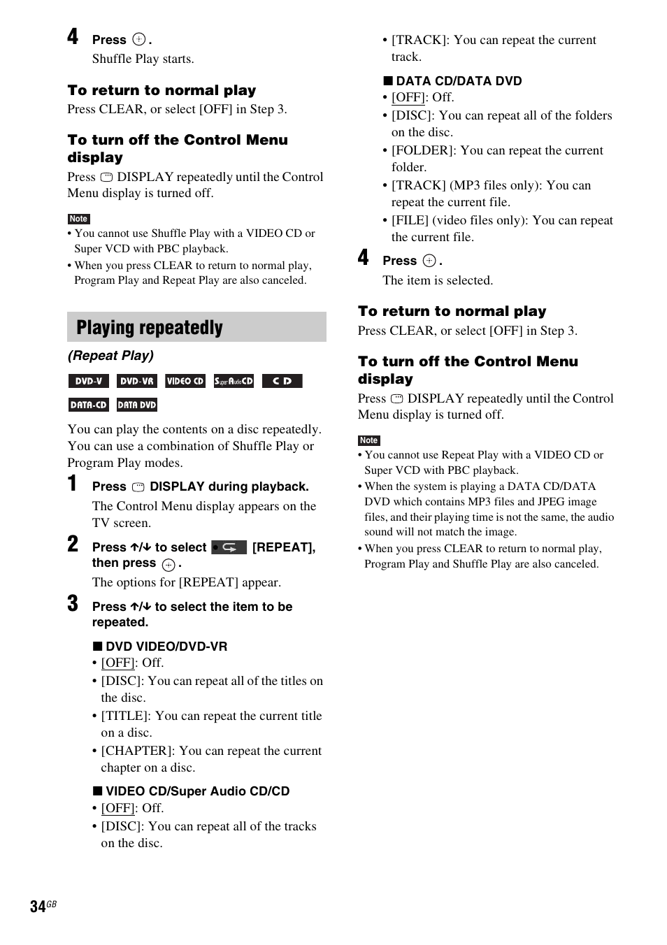 Playing repeatedly | Sony DAV-DZ280 User Manual | Page 34 / 104