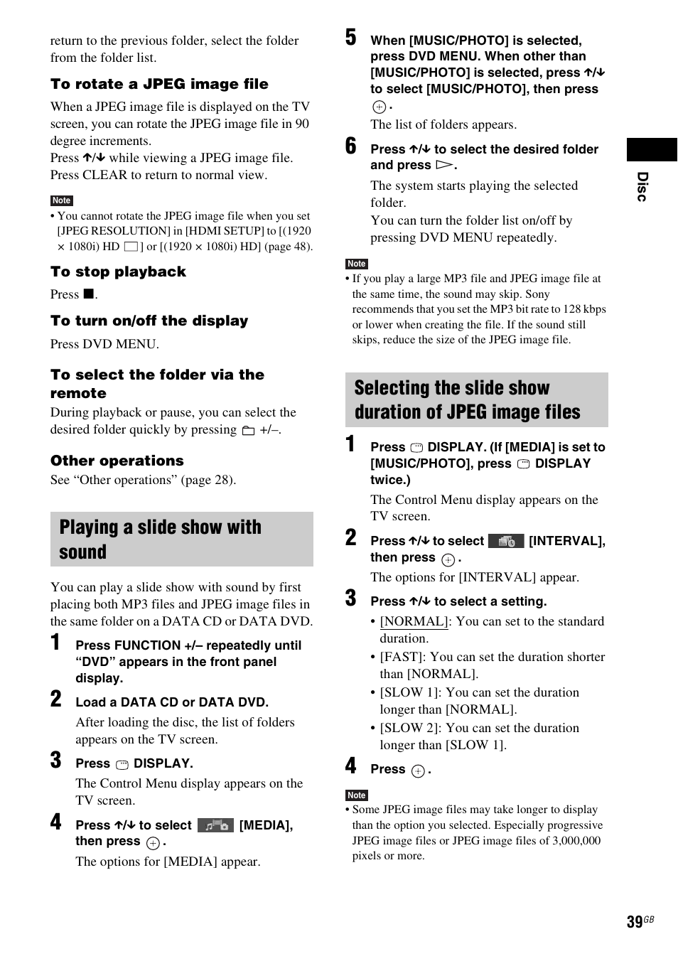 Playing a slide show with sound | Sony DAV-DZ280 User Manual | Page 39 / 104