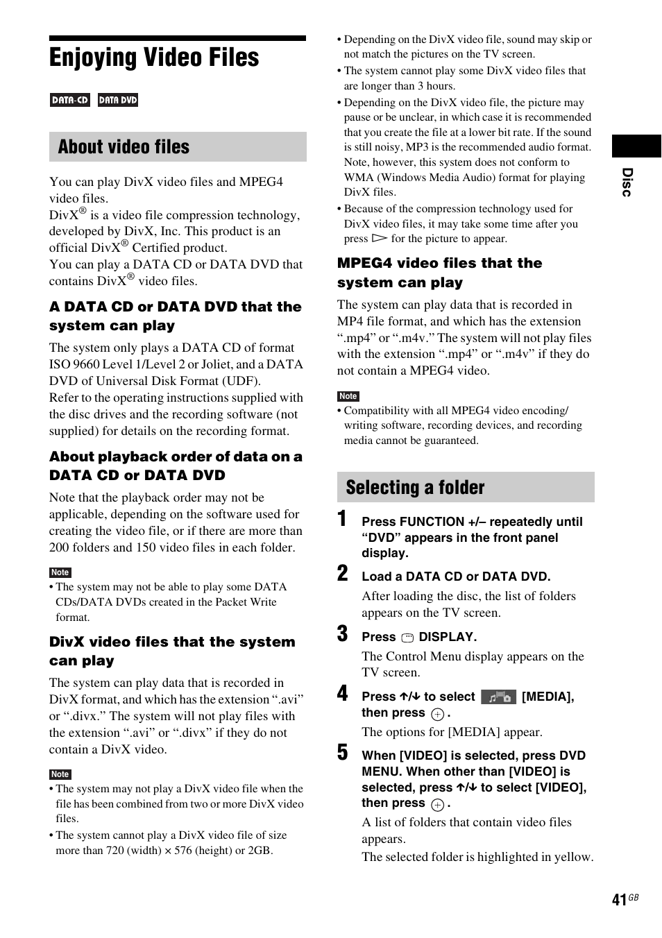 Enjoying video files, About video files, Selecting a folder | About video files selecting a folder | Sony DAV-DZ280 User Manual | Page 41 / 104