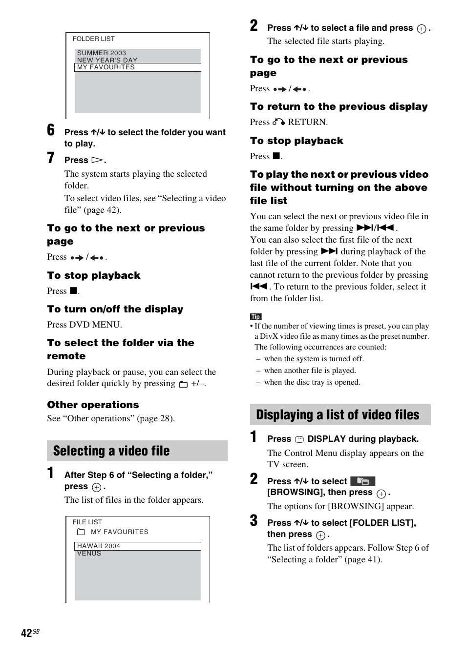 Selecting a video file, Displaying a list of video files | Sony DAV-DZ280 User Manual | Page 42 / 104