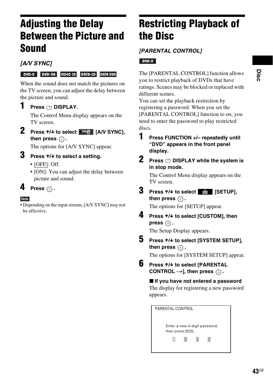 Adjusting the delay between the picture and sound, Restricting playback of the disc, Adjusting the delay between the picture | And sound | Sony DAV-DZ280 User Manual | Page 43 / 104