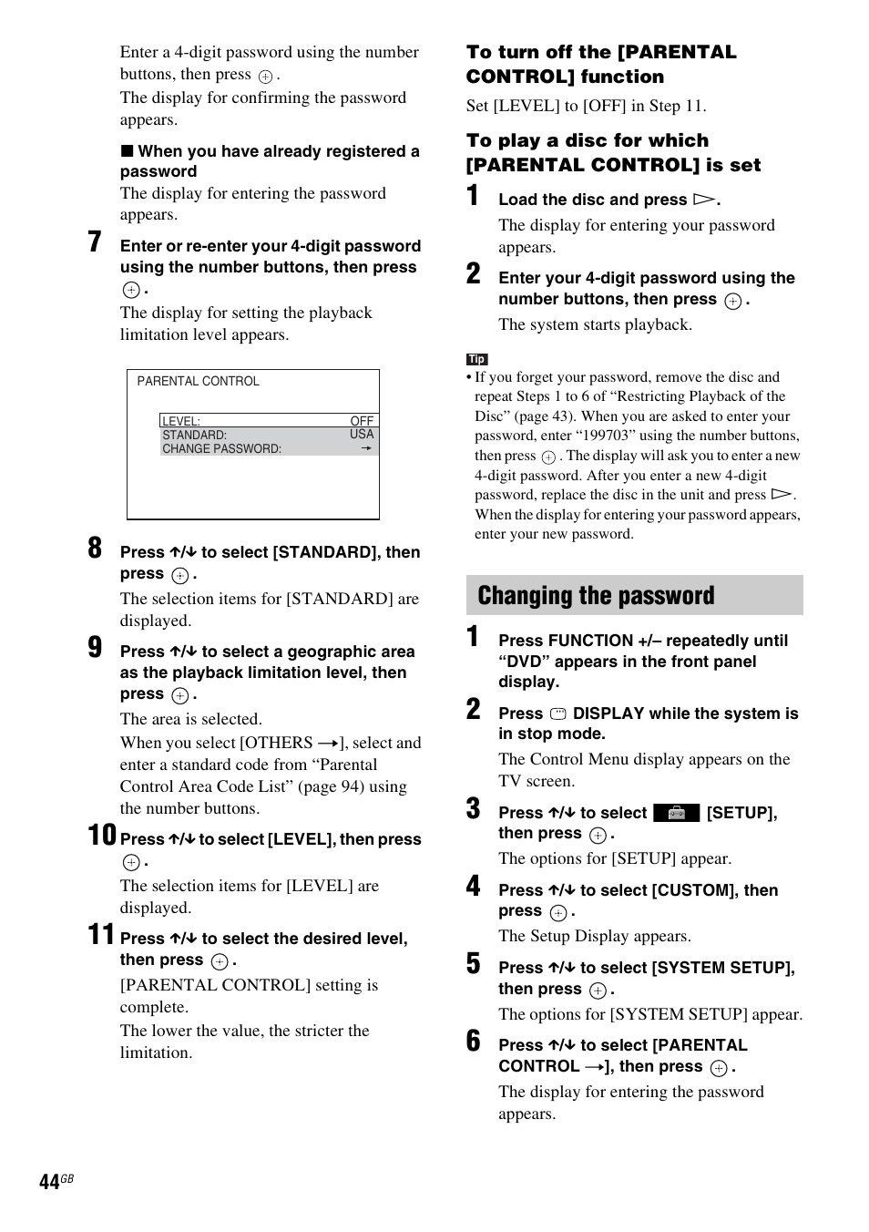 Changing the password | Sony DAV-DZ280 User Manual | Page 44 / 104