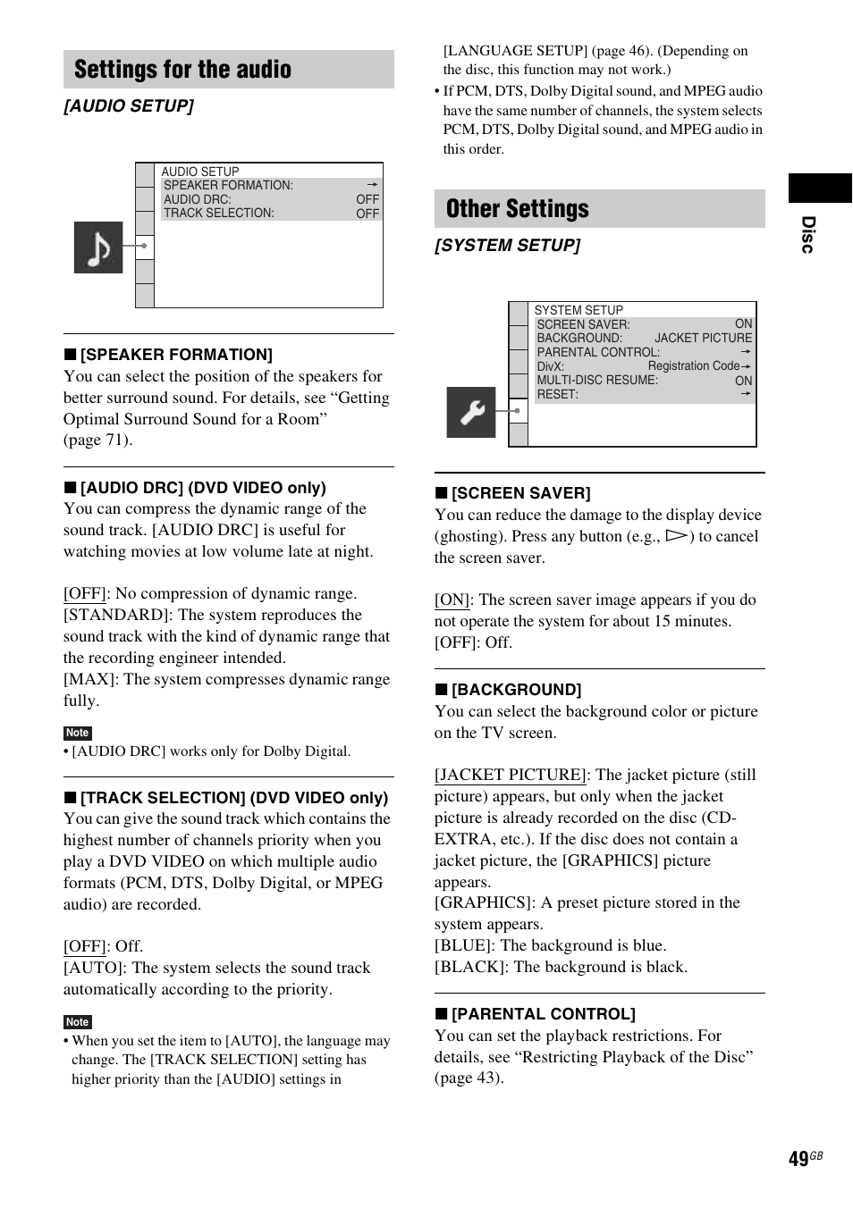 Settings for the audio, Other settings | Sony DAV-DZ280 User Manual | Page 49 / 104