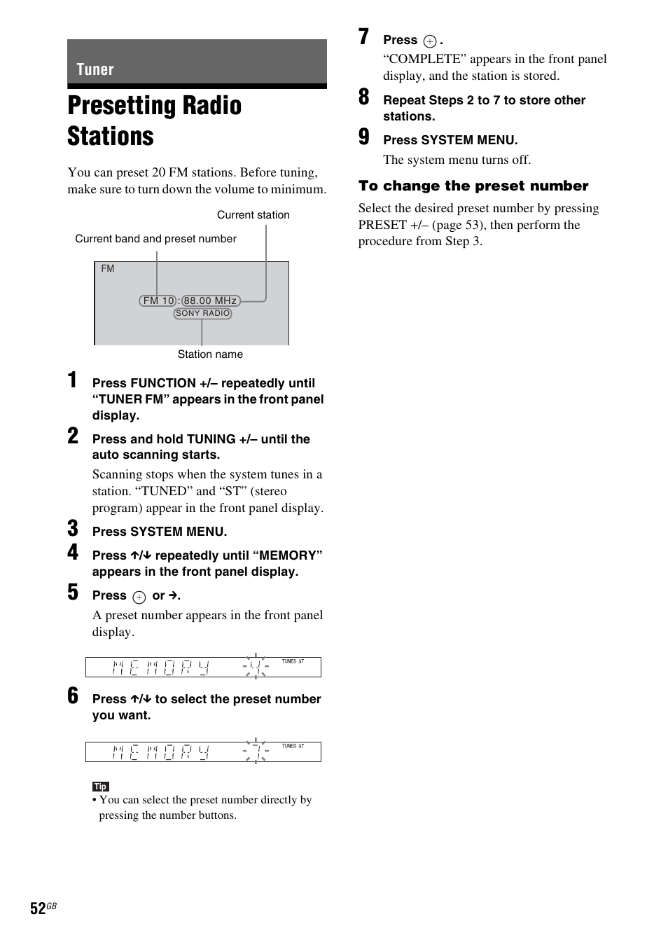 Tuner, Presetting radio stations | Sony DAV-DZ280 User Manual | Page 52 / 104