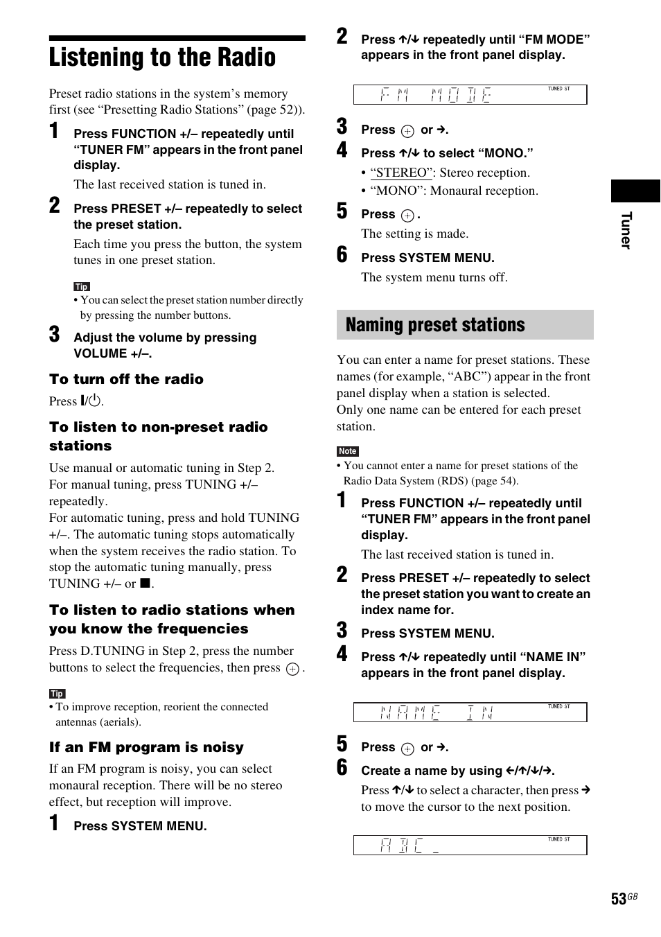 Listening to the radio, Naming preset stations | Sony DAV-DZ280 User Manual | Page 53 / 104