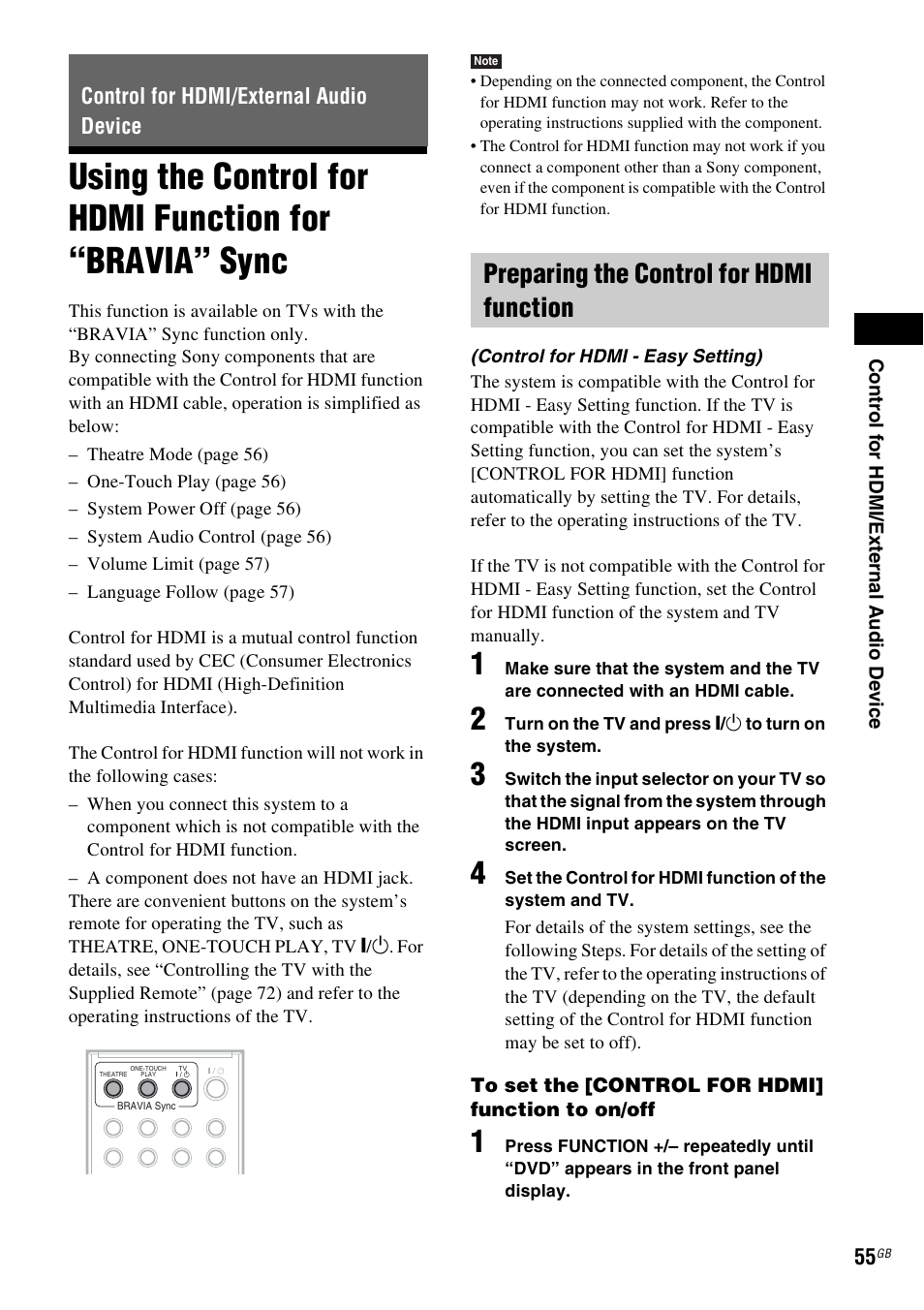 Control for hdmi/external audio device, Preparing the control for hdmi function, Using the control for hdmi function for | Bravia” sync | Sony DAV-DZ280 User Manual | Page 55 / 104