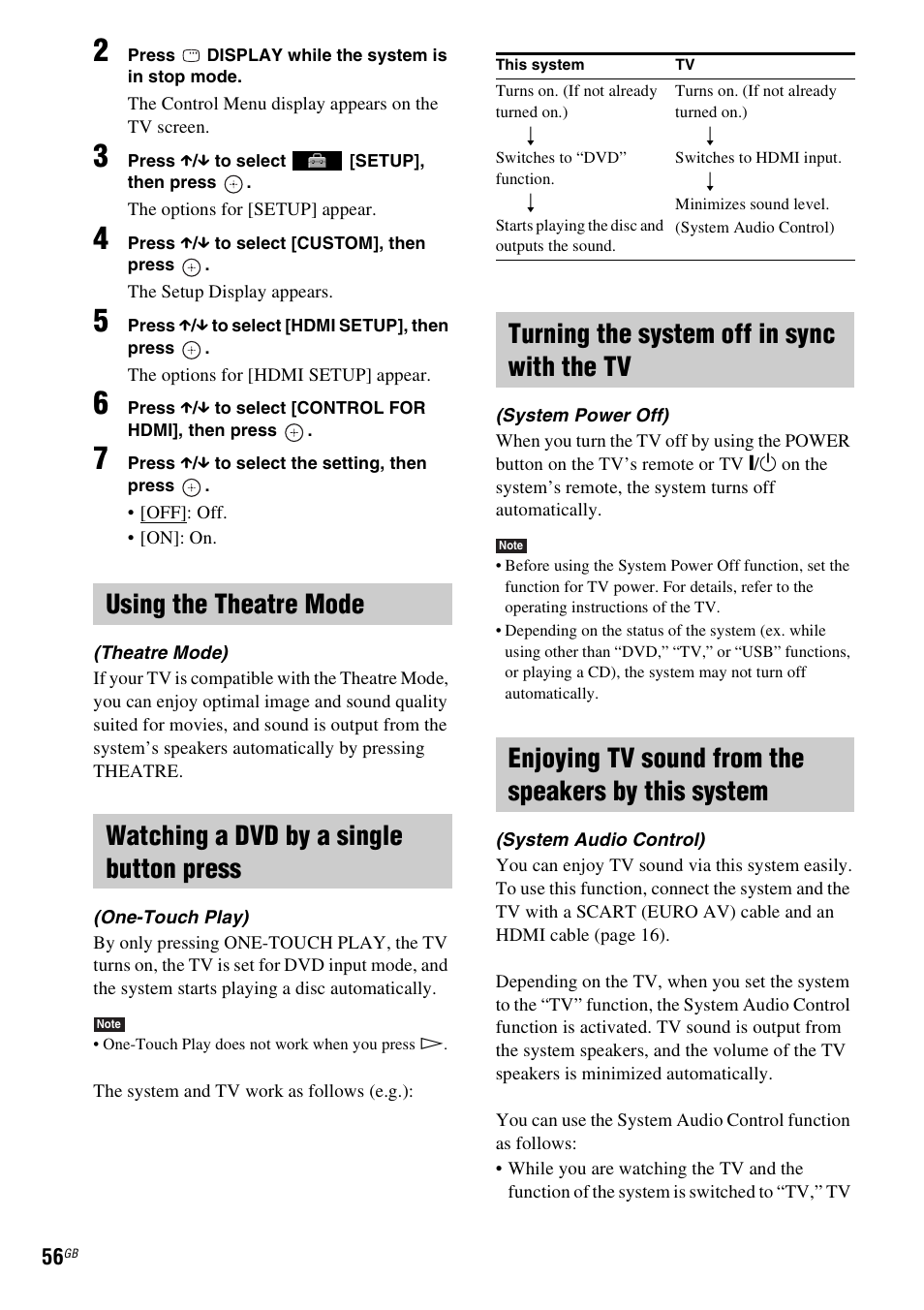 Using the theatre mode, Watching a dvd by a single button press, Turning the system off in sync with the tv | Enjoying tv sound from the speakers by this system | Sony DAV-DZ280 User Manual | Page 56 / 104