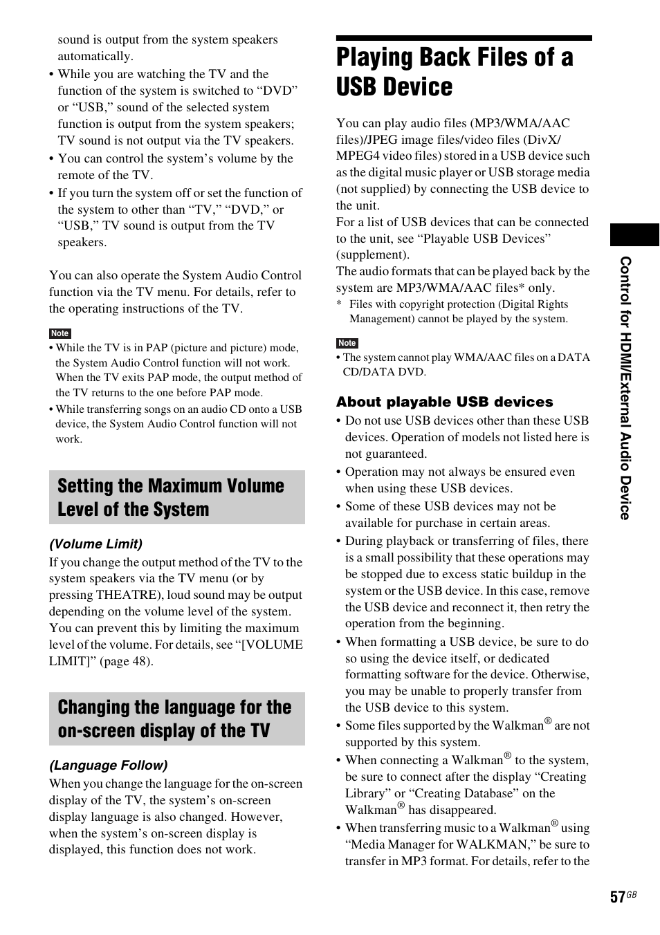 Setting the maximum volume level of the system, Playing back files of a usb device | Sony DAV-DZ280 User Manual | Page 57 / 104