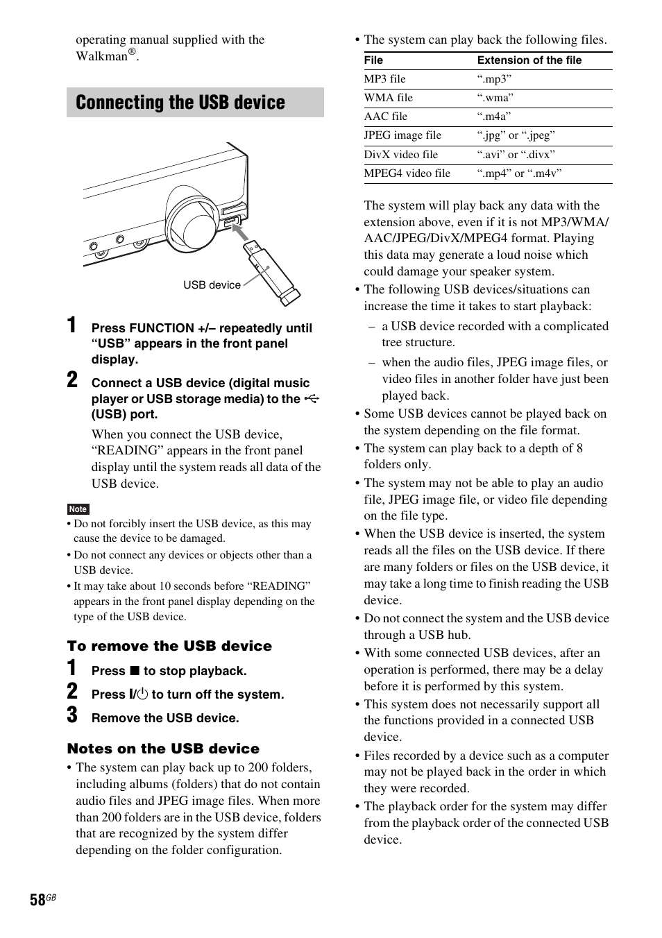 Connecting the usb device | Sony DAV-DZ280 User Manual | Page 58 / 104