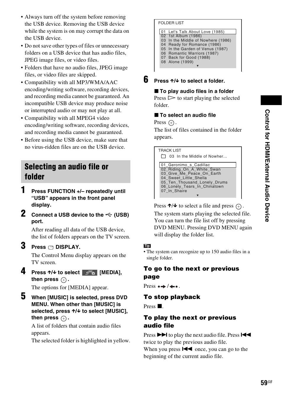 Selecting an audio file or folder | Sony DAV-DZ280 User Manual | Page 59 / 104