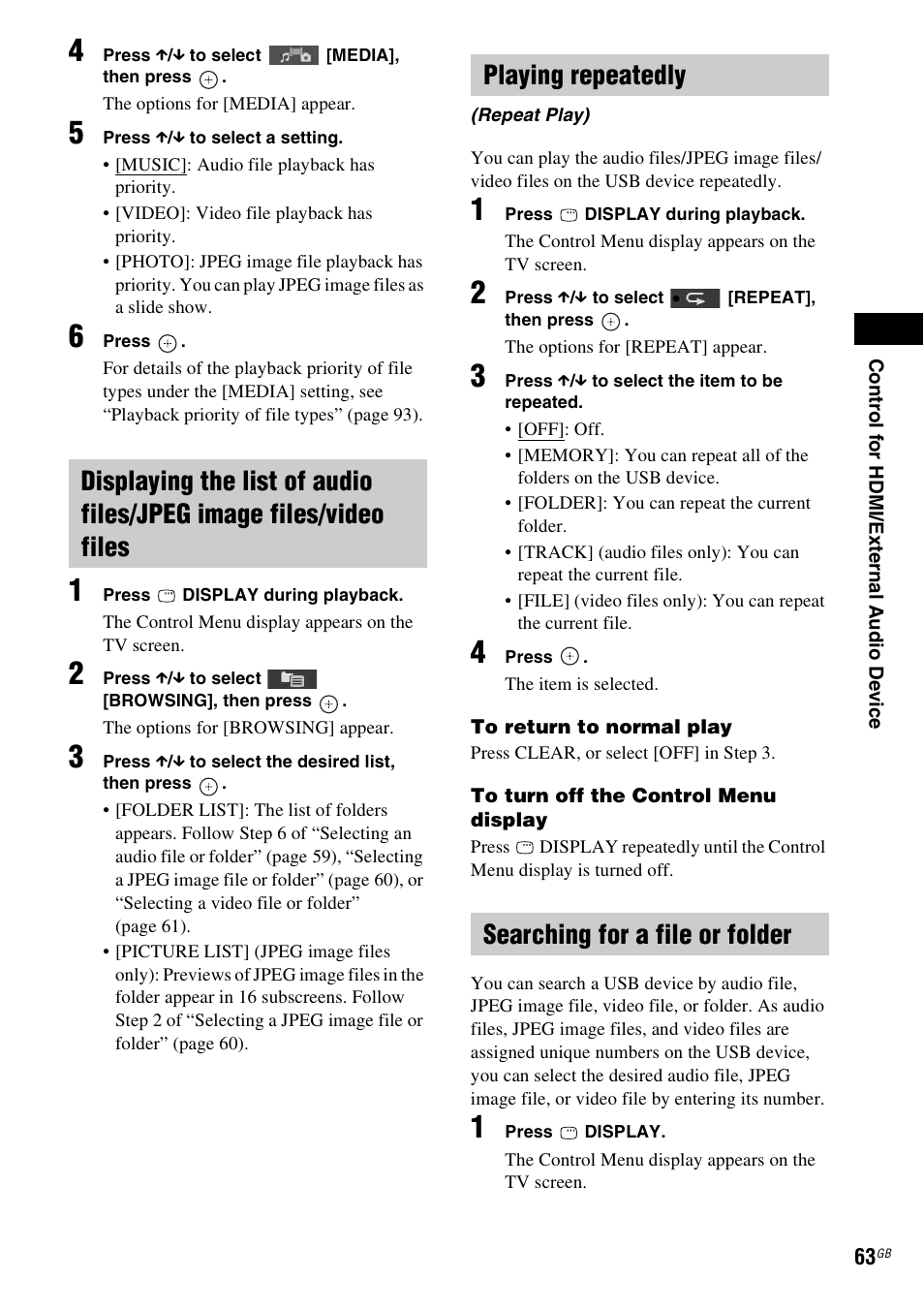 Playing repeatedly, Searching for a file or folder | Sony DAV-DZ280 User Manual | Page 63 / 104