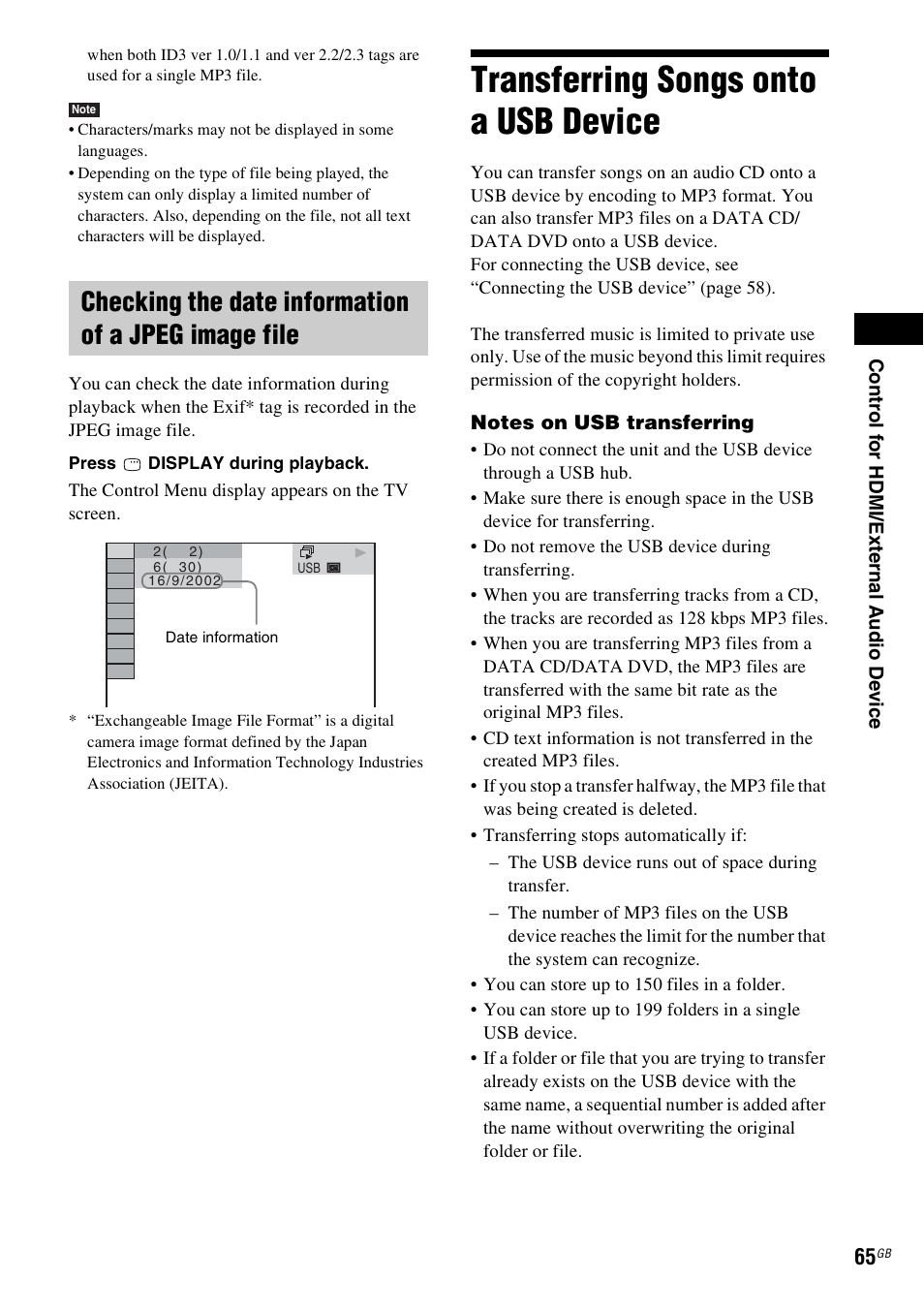 Checking the date information of a jpeg image file, Transferring songs onto a usb device, Transferring songs onto a usb | Device | Sony DAV-DZ280 User Manual | Page 65 / 104
