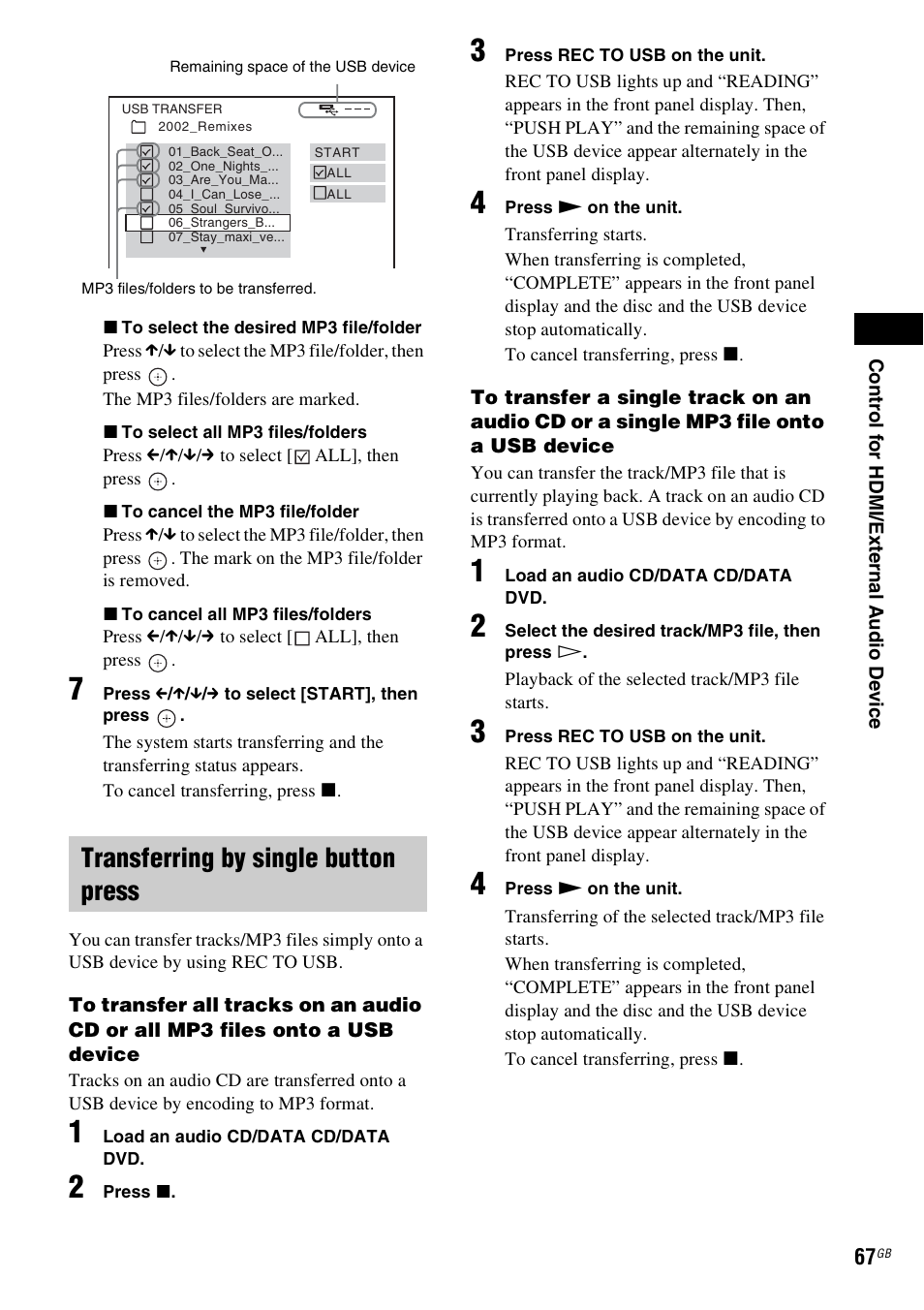 Transferring by single button press | Sony DAV-DZ280 User Manual | Page 67 / 104