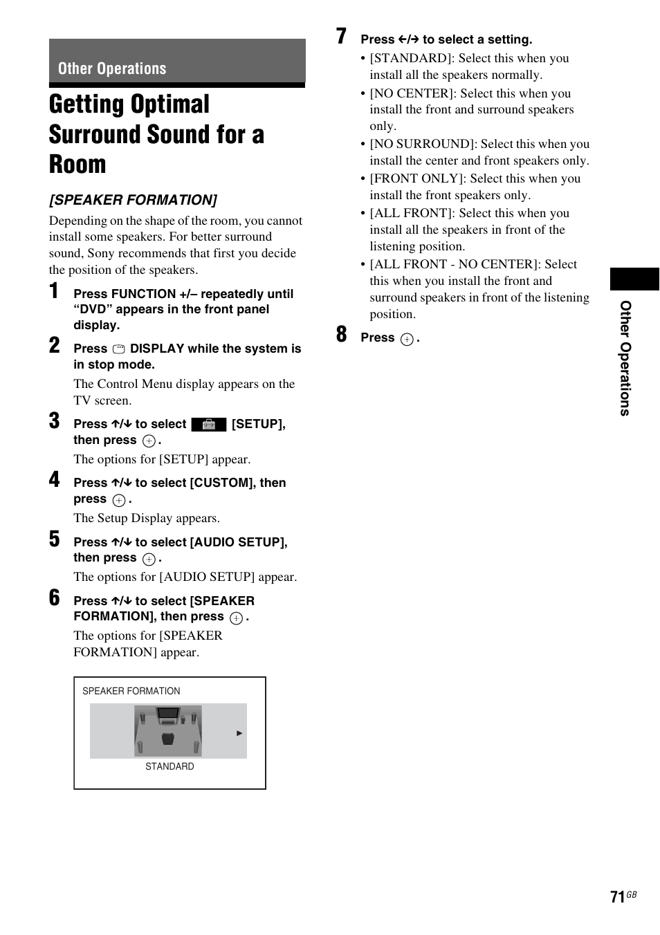 Other operations, Getting optimal surround sound for a room, Getting optimal surround sound for a | Room | Sony DAV-DZ280 User Manual | Page 71 / 104