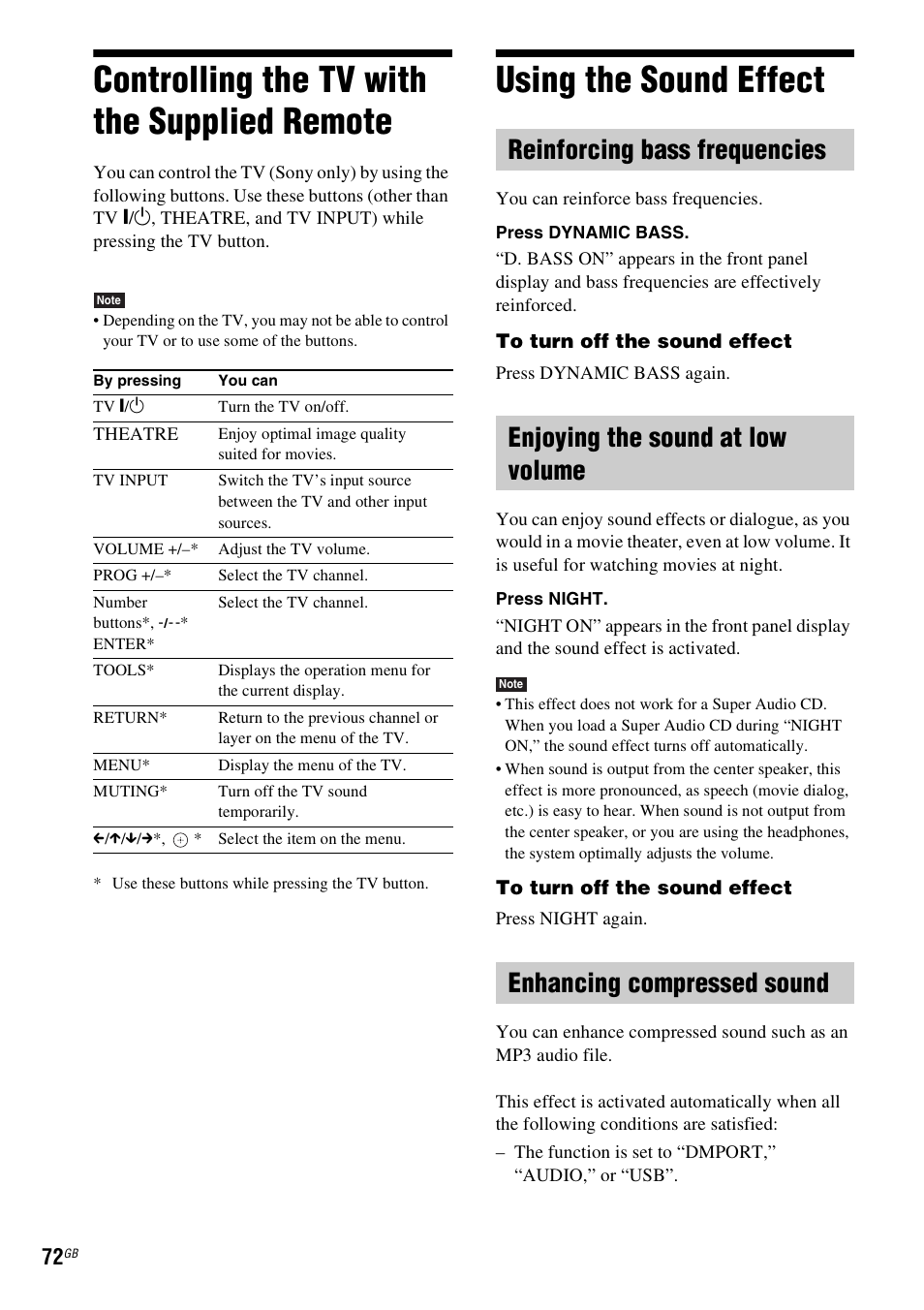 Controlling the tv with the supplied remote, Using the sound effect, Reinforcing bass frequencies | Enjoying the sound at low volume, Enhancing compressed sound, Controlling the tv with the supplied, Remote | Sony DAV-DZ280 User Manual | Page 72 / 104