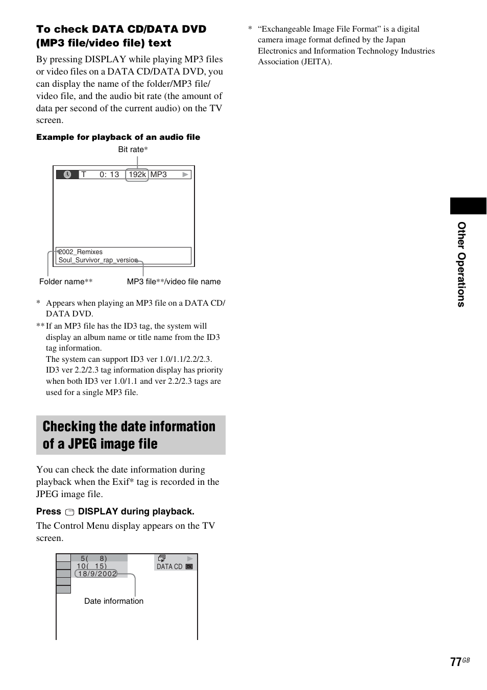 Checking the date information of a jpeg image file | Sony DAV-DZ280 User Manual | Page 77 / 104