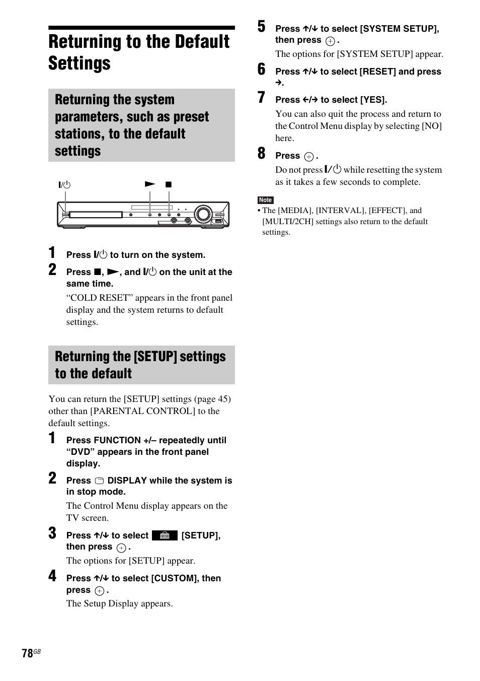 Returning to the default settings, Returning the [setup] settings to the default | Sony DAV-DZ280 User Manual | Page 78 / 104
