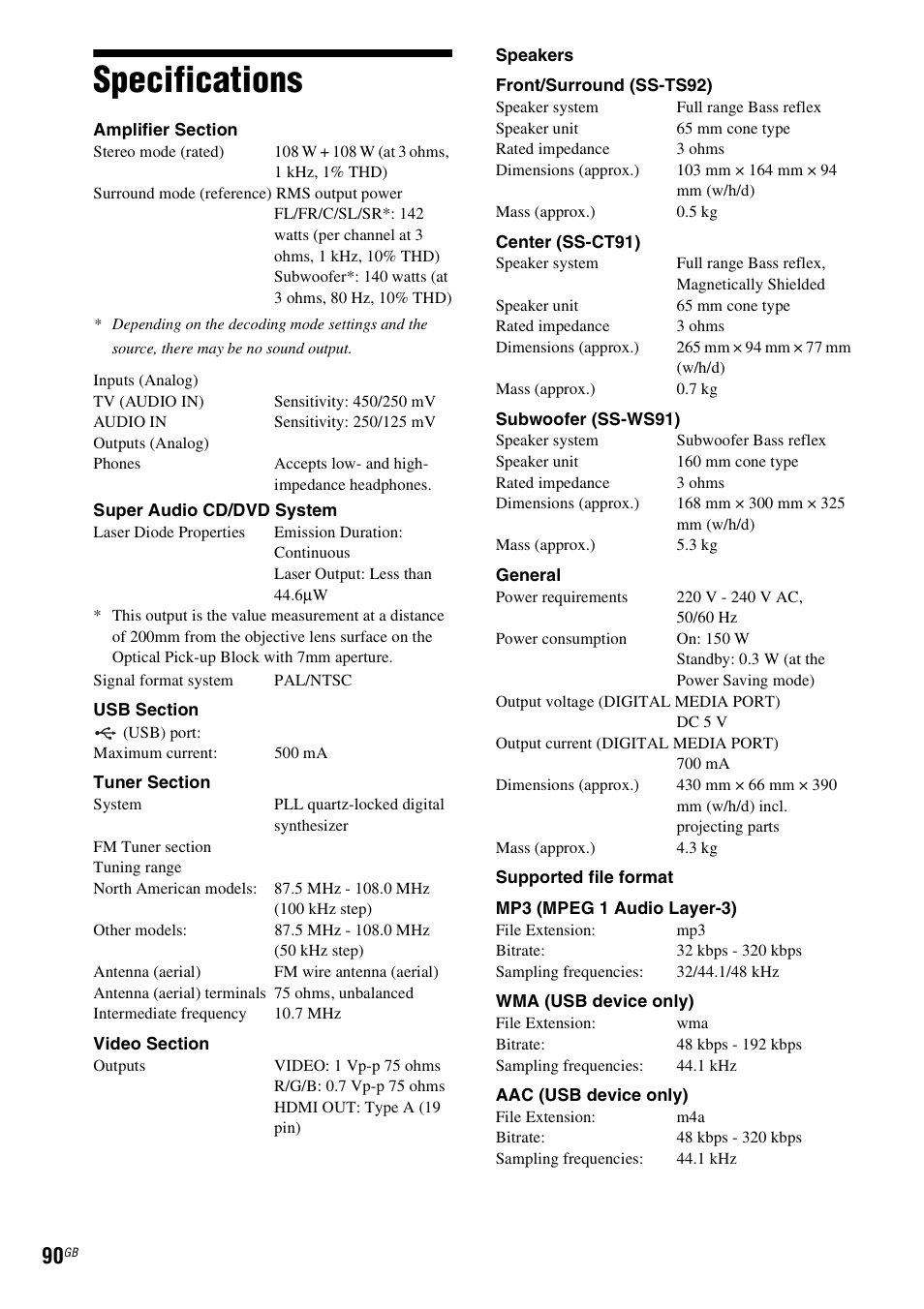 Specifications | Sony DAV-DZ280 User Manual | Page 90 / 104