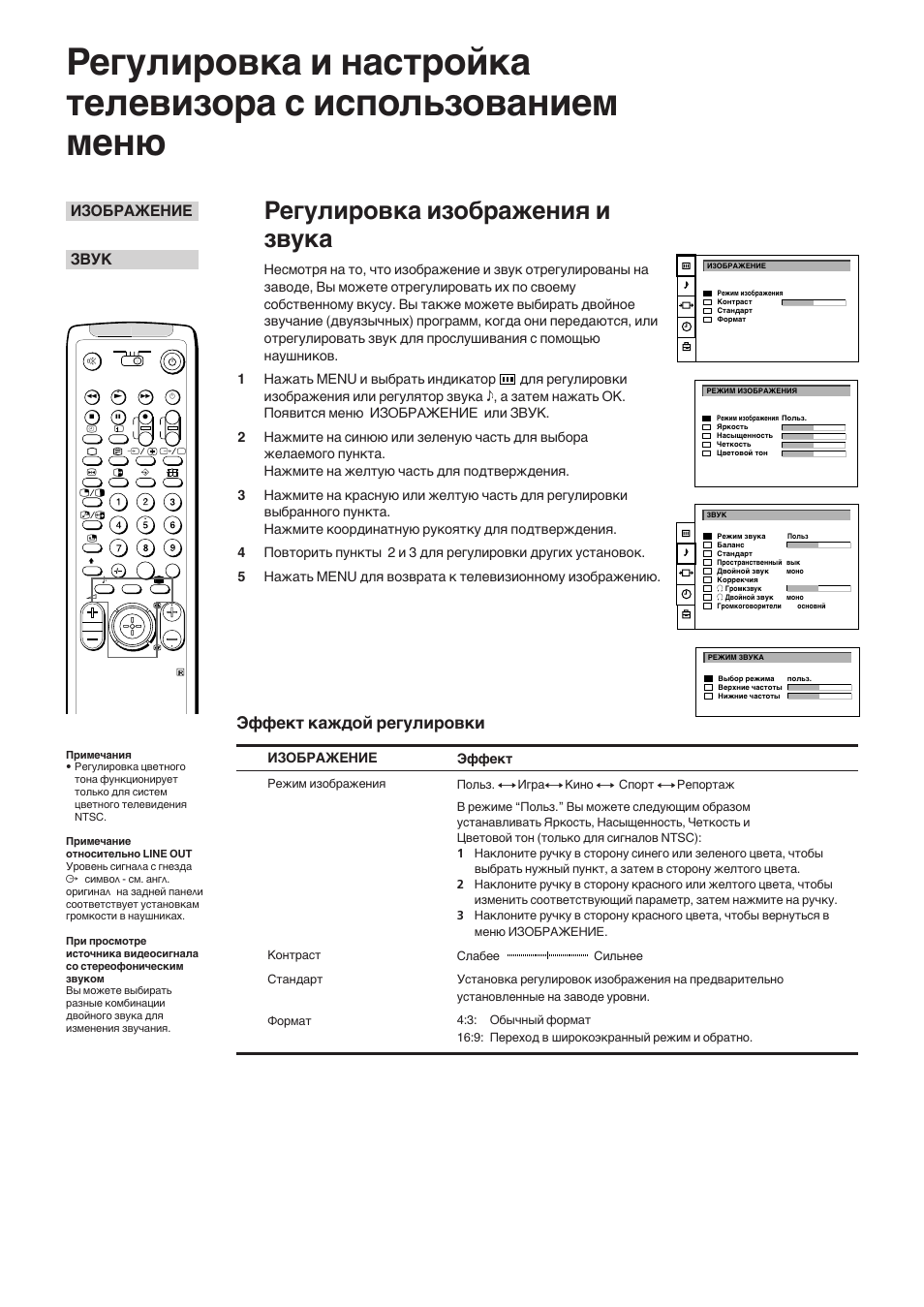 Регулировка изображения и звука, Эффект каждой регулировки, Изображениe | Звук, Эффект | Sony KP-41S5K User Manual | Page 136 / 146