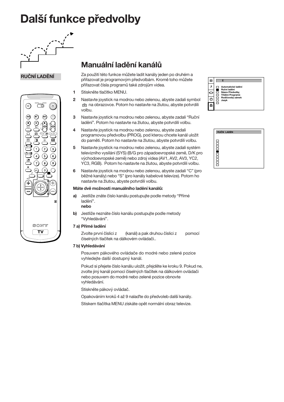 Další funkce předvolby, Manuální ladění kanálů, Ruční ladění | Sony KP-41S5K User Manual | Page 34 / 146