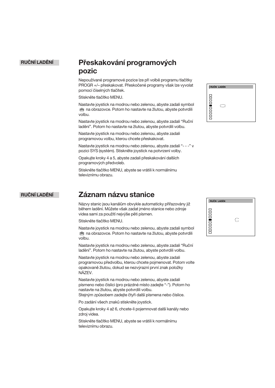 Přeskakování programových pozic, Záznam názvu stanice, Ruční ladění | Sony KP-41S5K User Manual | Page 36 / 146