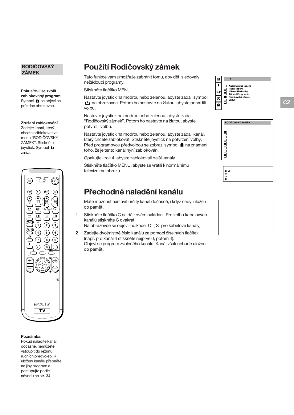 Použití rodičovský zámek, Přechodné naladění kanálu, Rodičovský zámek | Sony KP-41S5K User Manual | Page 37 / 146