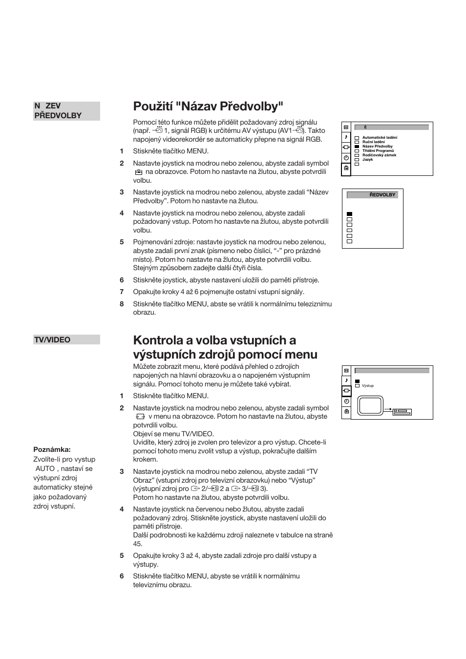 Použití "názav předvolby, Menu | Sony KP-41S5K User Manual | Page 46 / 146