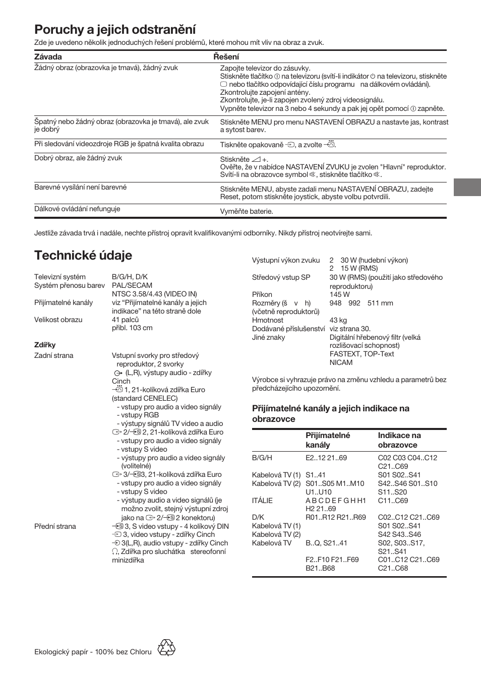 Poruchy a jejich odstranění, Technické údaje | Sony KP-41S5K User Manual | Page 49 / 146