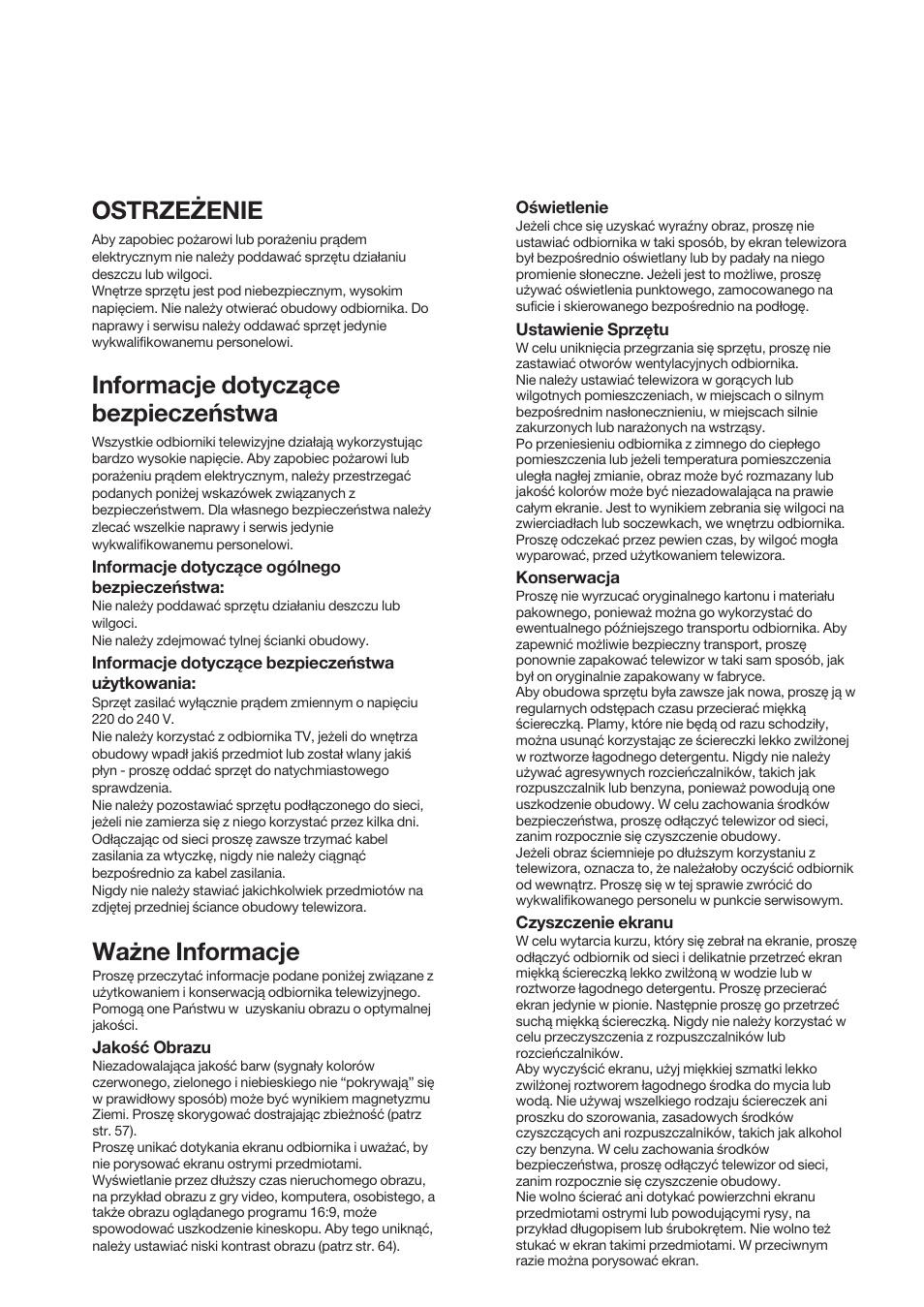 Ważne informacje, Ostrzeżenie, Informacje dotyczące bezpieczeństwa | Sony KP-41S5K User Manual | Page 50 / 146