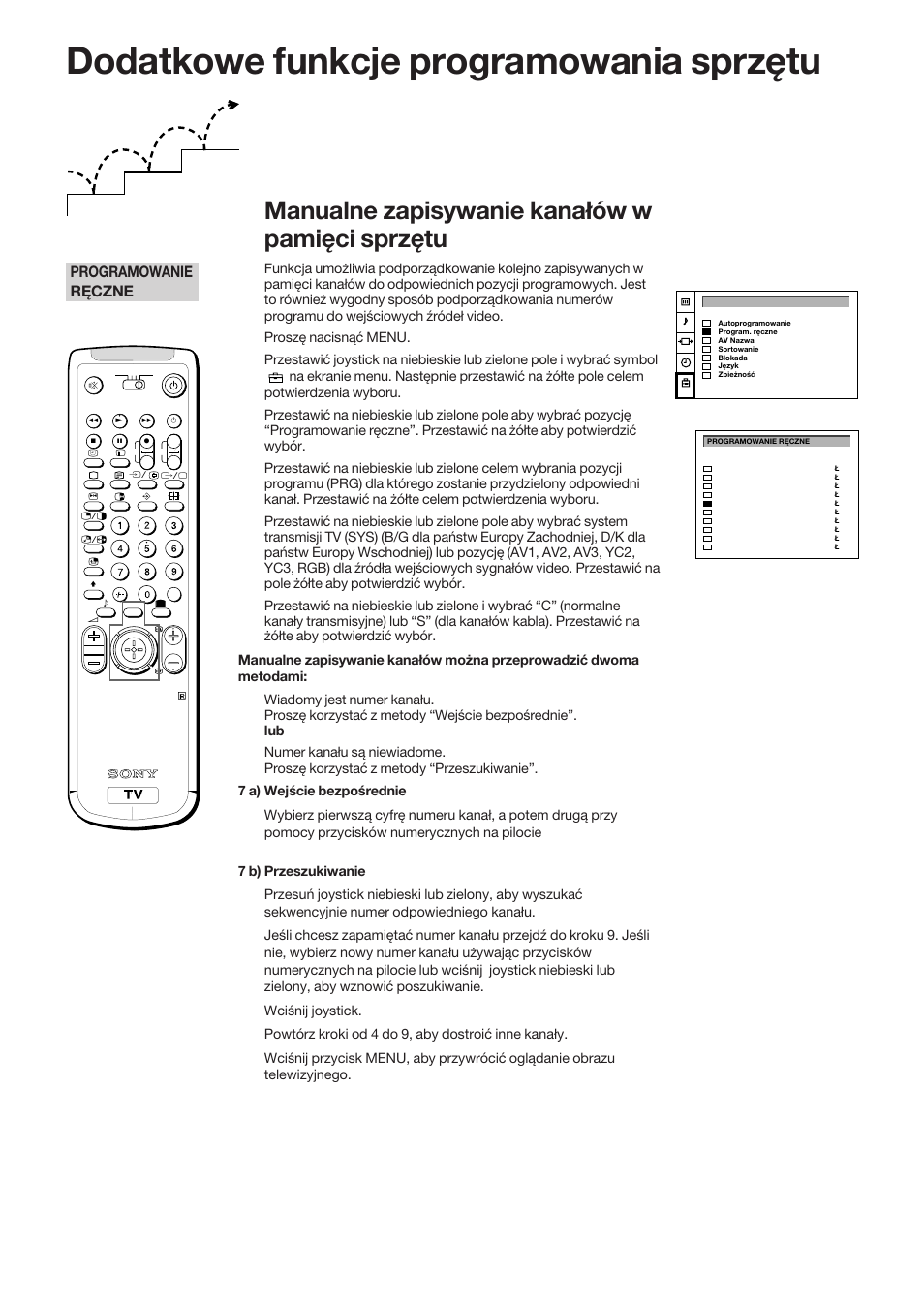 Dodatkowe funkcje programowania sprzętu, Manualne zapisywanie kanałów w pamięci sprzętu, Programowanie ręczne | Sony KP-41S5K User Manual | Page 58 / 146