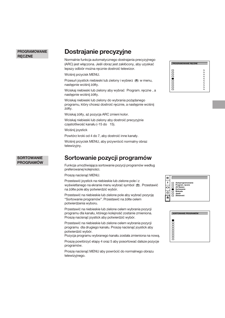 Dostrajanie precyzyjne, Sortowanie pozycji programów, Sortowanie programów | Programowanie ręczne | Sony KP-41S5K User Manual | Page 59 / 146