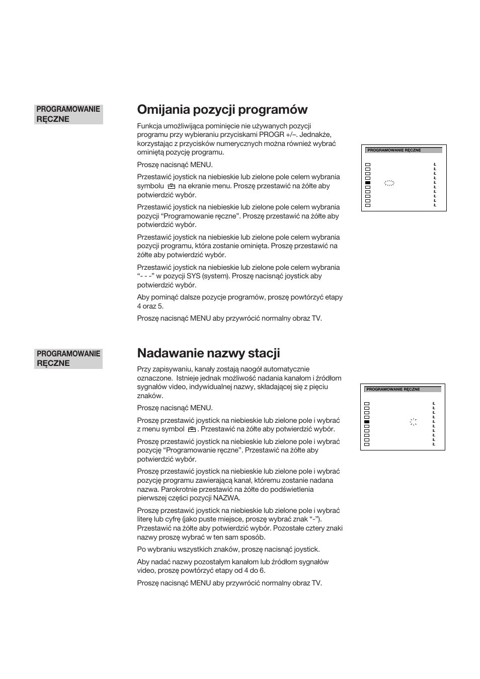 Omijania pozycji programów, Nadawanie nazwy stacji, Programowanie ręczne | Sony KP-41S5K User Manual | Page 60 / 146