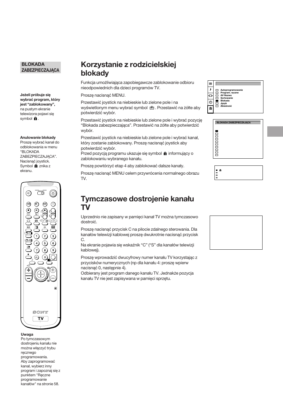 Korzystanie z rodzicielskiej blokady, Tymczasowe dostrojenie kanału tv, Blokada zabezpieczająca | Sony KP-41S5K User Manual | Page 61 / 146