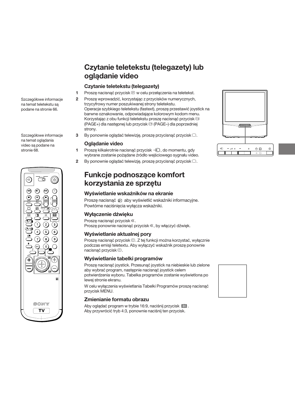 Funkcje podnoszące komfort korzystania ze sprzętu, Czytanie teletekstu (telegazety), Oglądanie video | Wyświetlanie wskaźników na ekranie, Wyłączenie dźwięku, Wyświetlanie aktualnej pory, Wyświetlanie tabelki programów, Zmienianie formatu obrazu | Sony KP-41S5K User Manual | Page 63 / 146