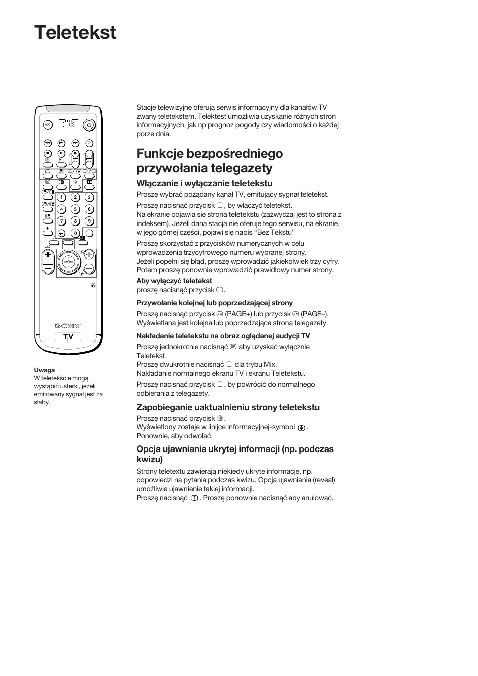 Teletekst, Funkcje bezpośredniego przywołania telegazety, Włączanie i wyłączanie teletekstu | Zapobieganie uaktualnieniu strony teletekstu | Sony KP-41S5K User Manual | Page 66 / 146