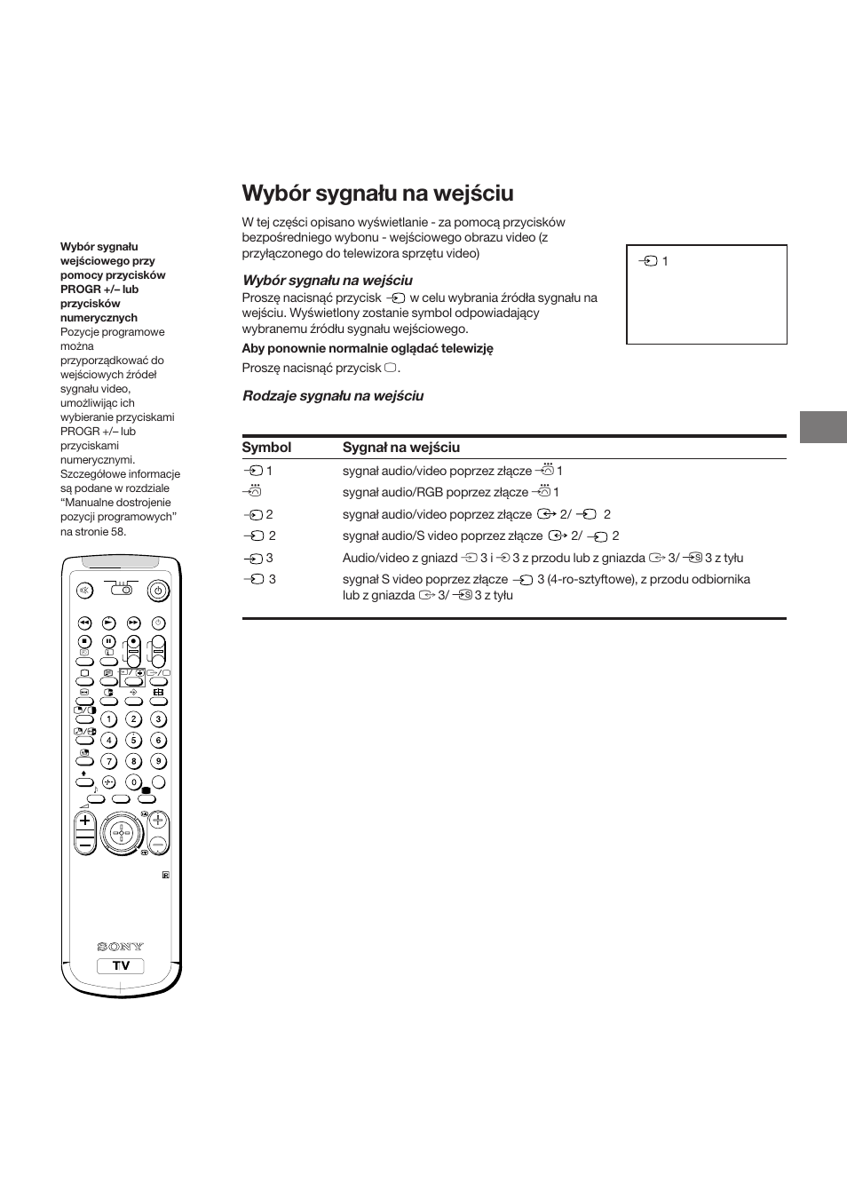 Wybór sygnału na wejściu, Rodzaje sygnału na wejściu sygnał na wejściu, Symbol | Sony KP-41S5K User Manual | Page 69 / 146