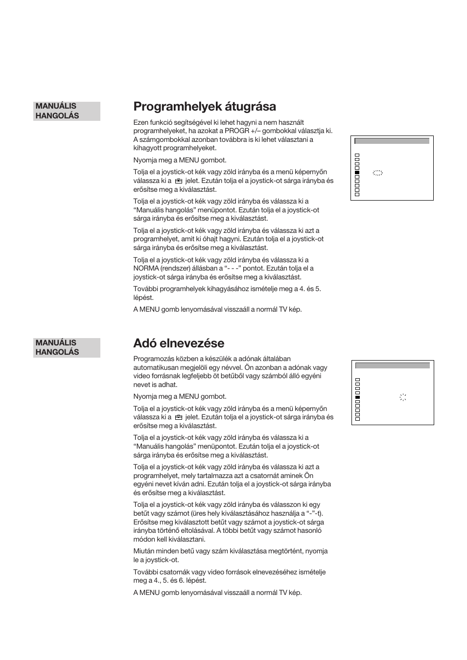 Programhelyek átugrása, Adó elnevezése, Manuális hangolás | Sony KP-41S5K User Manual | Page 84 / 146