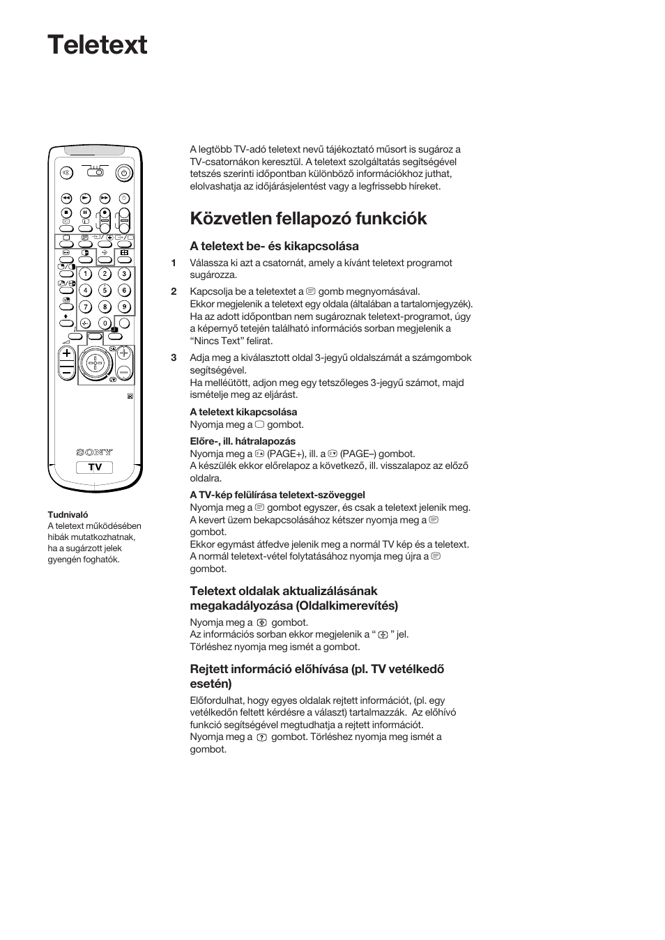 Teletext, Közvetlen fellapozó funkciók, A teletext be- és kikapcsolása | Sony KP-41S5K User Manual | Page 90 / 146