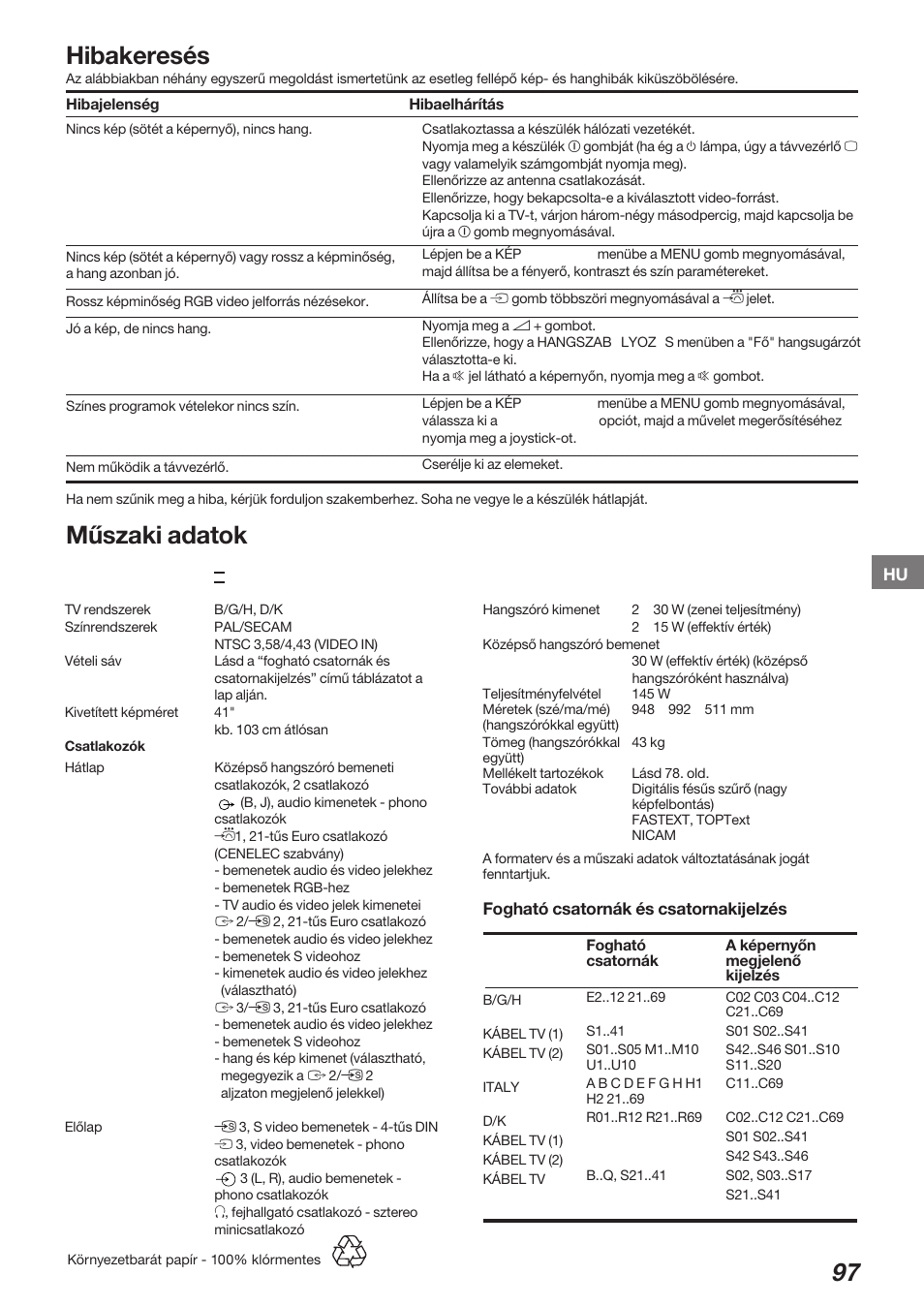 Hibakeresés, Műszaki adatok | Sony KP-41S5K User Manual | Page 97 / 146