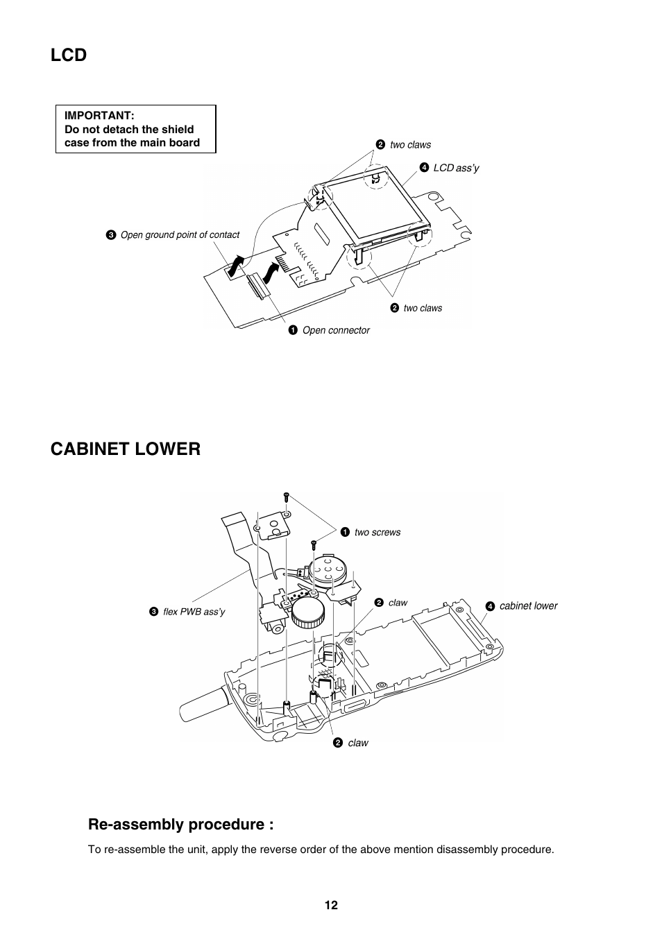 Cabinet lower, Re-assembly procedure | Sony CMD-J26 User Manual | Page 12 / 20