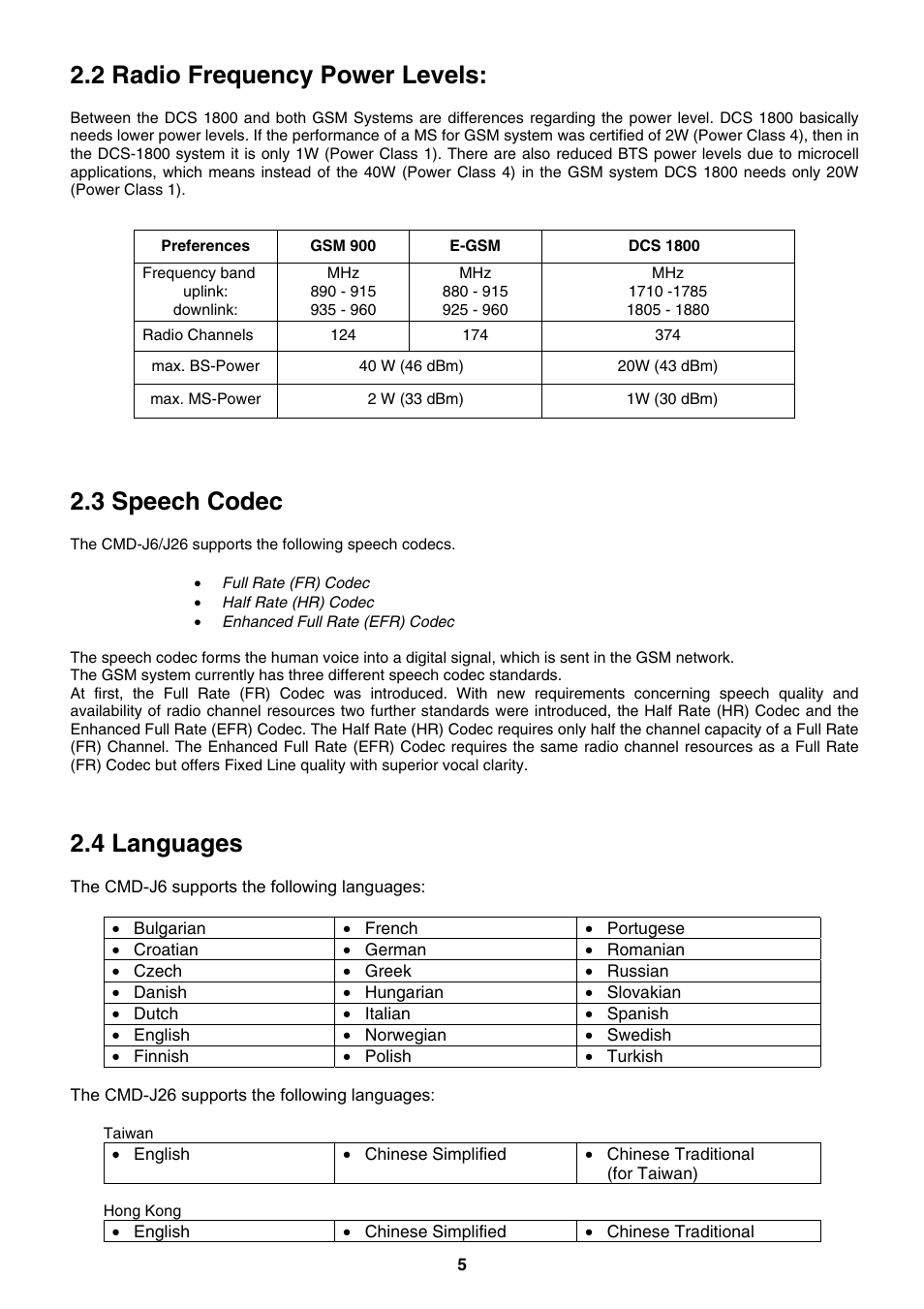 2 radio frequency power levels, 3 speech codec, 4 languages | Sony CMD-J26 User Manual | Page 5 / 20